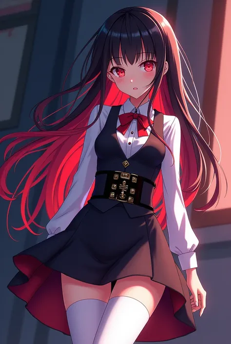 a girl with red eyes, a blouse with long black hair but behind her back there is a large red lock and she also wears an aesthetic vest with her skirt down to her knees and with white stockings and that is animated in the style of panty and stocking  