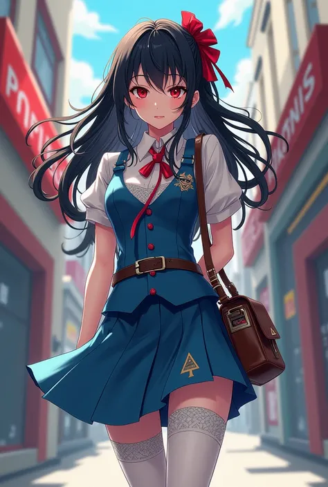 a girl with red eyes, a blouse with long black hair but behind her back there is a large red lock and she also wears a blue aesthetic vest with her skirt down to her knees and with white stockings and that is animated in the style of panty and stocking  