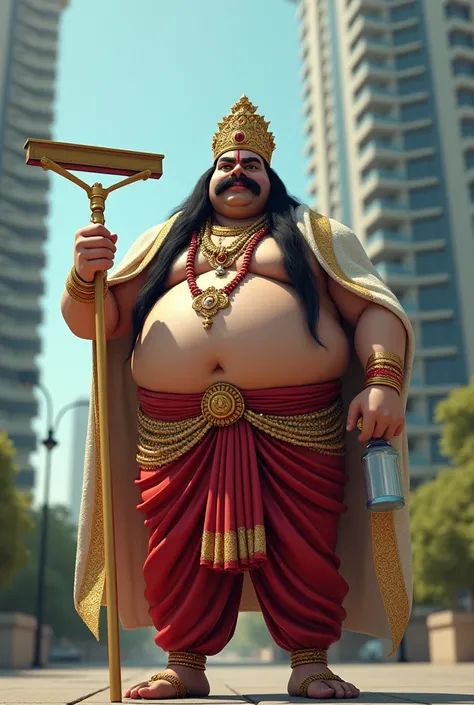 (photorealism:1.2), the chubby king standing under the high rise building,no beard,with big moustache,long black hair,with hindu royalty crown,no dress red and gold and white shol on the shoulder and , spray bottle,squeegee on his hand,