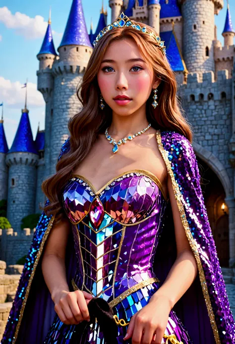 A cute yuna Disney fantasy princess, 1girl, beautiful detailed eyes, beautiful detailed lips, extremely detailed face, long eyelashes, lovely fancy hairdo, intricate sexy dress, violet crystal sequin cloak that sparkles in the light and creates a colorful ...