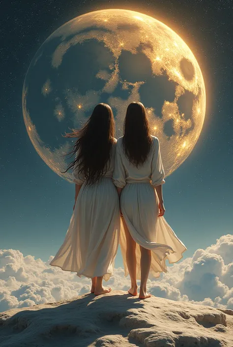 two friends, Women, of the same age (2), highres, adults, white skin color, dark  brown hair, one has long hair, and the other has hair reaching her shoulders, in space (galaxy) with gold details, on top of the moon.