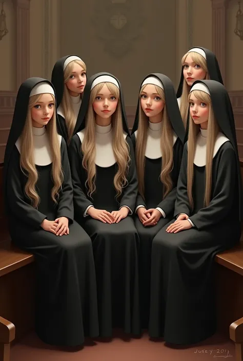 6 church sisters with their long hair SITTING some YOUNG others OLD and some LADIES 