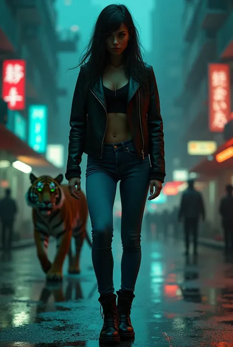 a sporty woman, serious narrow face, dark long hair without beard, wearing dark leather jacket, blue jeans and black boots, Street of a modern city, at night, cyberpunk, behind him in the dark the outline of a tiger with green eyes