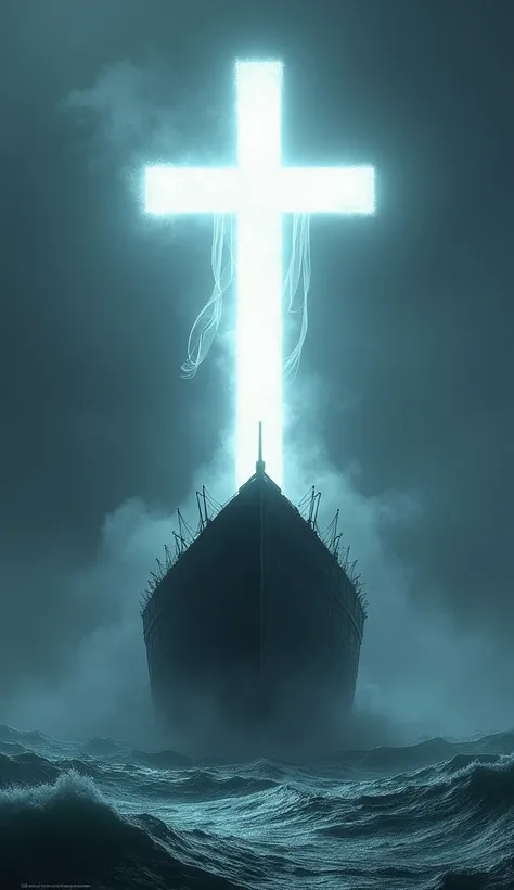 Big black ship, white candle one "#thick cross with 4 equal sides, sides with pants up ,white border,cruz de malta #vermelha", shining brightly in the air . The cross should be highlighted with an intense glow effect., reflecting light in the sea with wave...