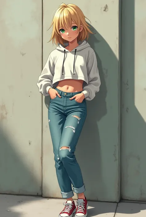 Anime girl leaning against a wall with blonde hair, emerald green eyes, tan skin, wearing a croptop hoodie, carpenter jeans, sneakers, and with a bored look.