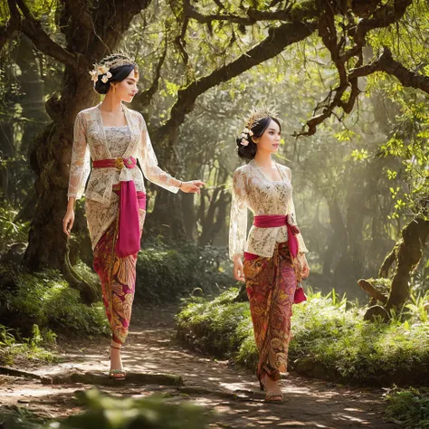 A stunning woman in cosplay as the Goddess of Nature, with a gracious face and delicate features, wearing an intricately detailed, long-sleeved orchid-patterned Bali kebaya, paired with a flowing batik sarong skirt, its rich colors and ornate patterns a te...