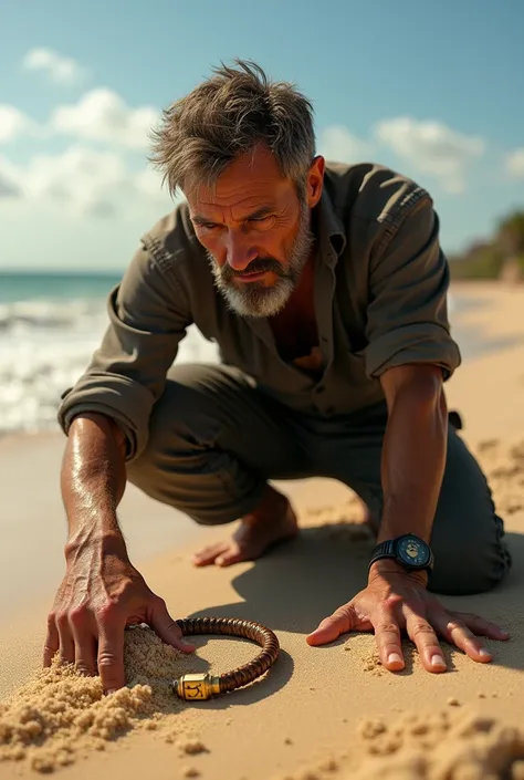 
draw a man approaching a bracelet with an "I" engraved, buried under the beach