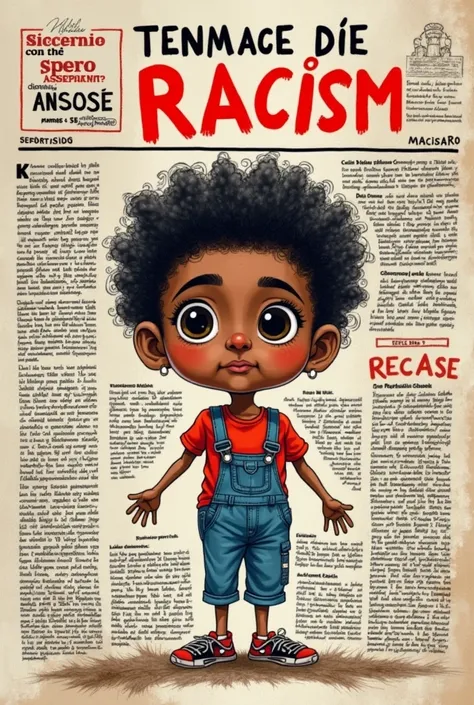 A newspaper about racism, that it be on an A4 sheet, The title has to be attention-grabbing and the content has to be based on real life., that the content is not so small letters, Let it be in Spanish, that looks like it was made by a normal child. LET IT...