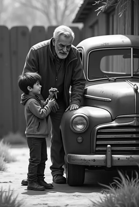 Draw a boy giving his father an old car in black and white format 