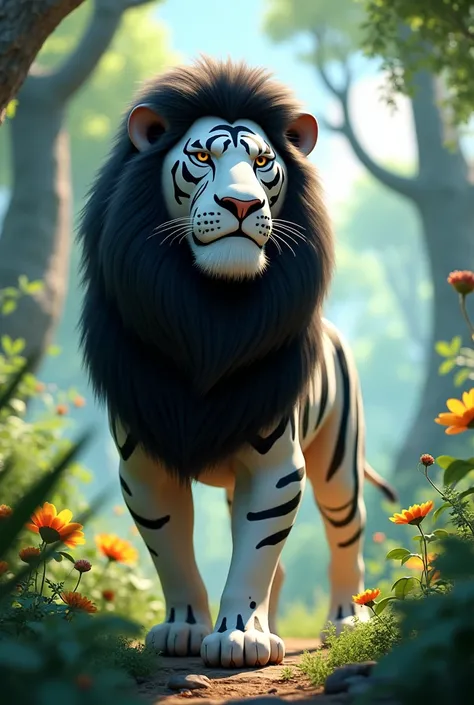 A full body black striped white lion looking straight ahead in a disny pixar forest