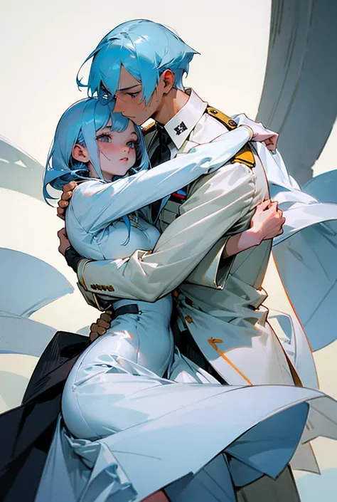 man wearing white military dress clothes, man with white mid part hair and tan skin hugging slender woman with black eyes and pale skin and light blue hair, woman wearing cute white dress short mini, in love, happy