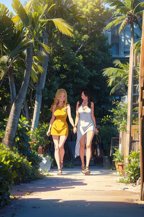 A long-haired blonde woman with big breasts and buttocks wearing a yellow sleeveless dress and an Asian woman with long hair, black hair, big breasts and buttocks wearing a white sleeveless dress are walking hand in hand on a beach with palm trees. The oth...