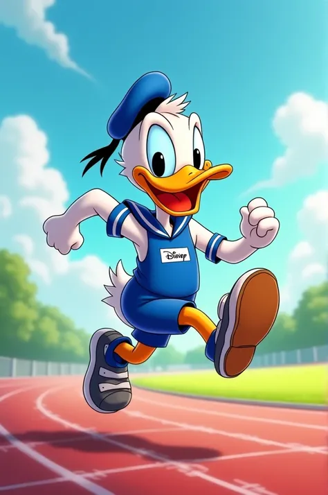 Donald Duck running in track uniform and sneakers 