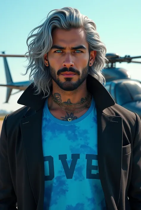 Young Mexican man, lined beard, beautiful arab sexy villain smile, with a beautiful and striking look, seducer, masculine and charming and big, currents, wears Arabic clothes and has silver hair, blue colored eyes, he has a tattoo on his neck.  Wearing a c...