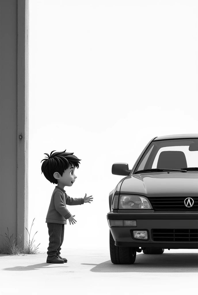 Draw a boy giving his father a real car, in black and white 