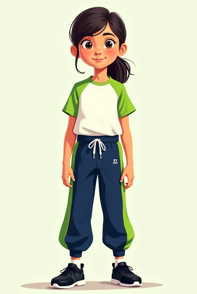 a six-year-old girl, with hair in a ponytail, with white shirt with short apple green sleeves,  Navy blue sports suit with a thick apple green stripe on the side, black shoes 