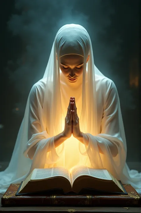 Glowing man praying with hands folded on top of a bible 