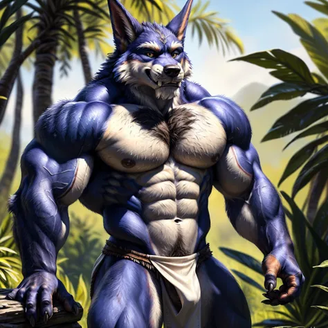 ((((Warwick)))), (topless), (((blue body))), (((((white chest))))), ((((loincloth)))), bulge, (((full body portrait))), (jungle background), detailed face, (((happy face))), looking at the viewer, body hair, hairy chest, hairy eyebrows, ((((masculine muscu...