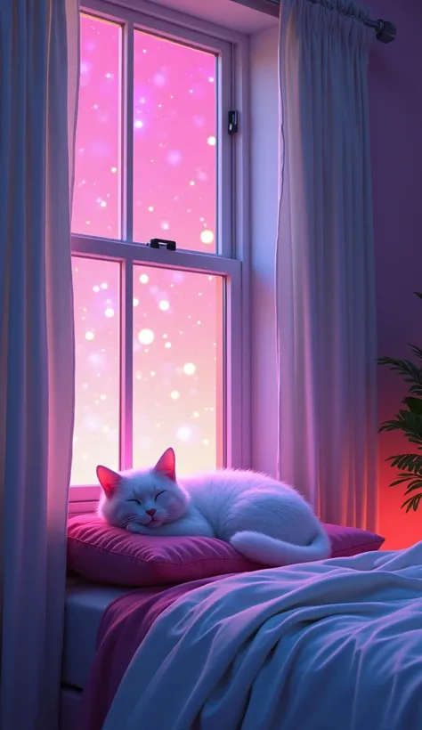 a cozy bedroom with a cat sleeping near the window, vaporwave, cyberpunk, colorful gradient