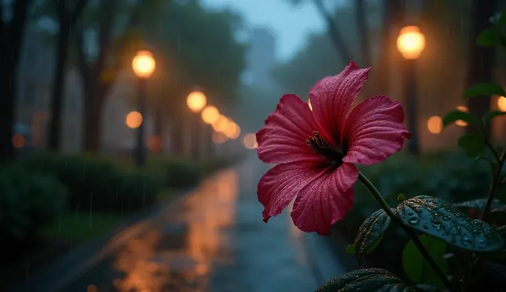 CREATE A COZY ROUND PARK IN CITY, BEAUTIFUL FLOWER, AFTER HEAVY RAIN, MIDNIGHT, WET STREET, WITH LITTLE CINEMATIC LIGHT, A PERFECT CLOUDY ATMOSPHERE, DARK BACKGROUND, SLEEPY MOOD, HIGHLY FOCUS, SHARP PICTURE, ULTRA DETAILED, 4K