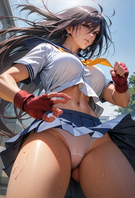 kanu,dark purple hair, hair over one eye, very long hair,school uniform,ultra miniskirt,red fingerless gloves, midriff,navel, loose socks, pleated skirt, yellow neckerchief, earrings, loafers,large breasts,perfect hands, perfect finger,perfect anatomy, mas...