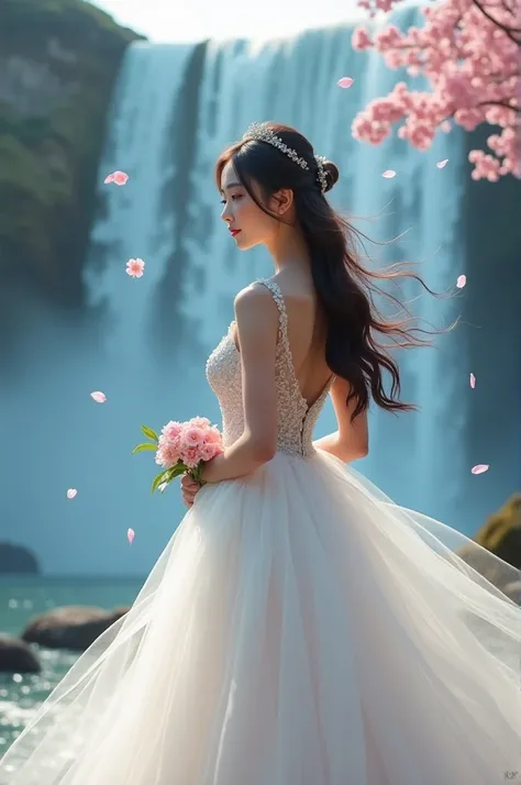 A Korean girl long hairs swing near waterfall wearing beautiful wedding grown attached with flowers cherry blossom FG lowers are falling 
