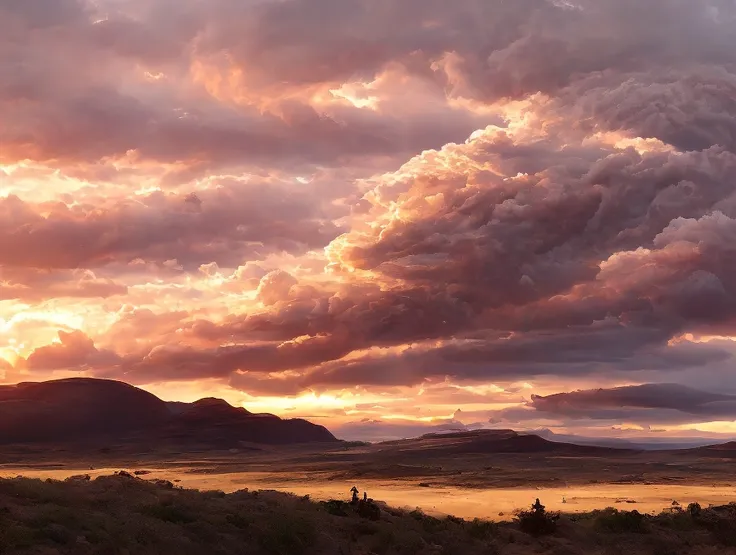 Stormy Sky at sunset on the mountain cliff spaceship landing in the distance