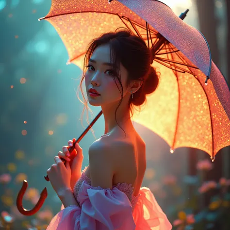 1girl, umbrella, rainbow gradient, metallic colors, sparkling, beautiful detailed 傘, extremely detailed face, long eyelashes, elegant, graceful pose, detailed fabric textures, atmospheric lighting, cinematic composition, high quality, 8k, photorealistic, m...