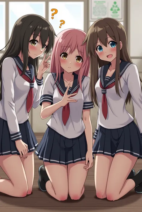 3 school girls g-string kneeling looking for stuff