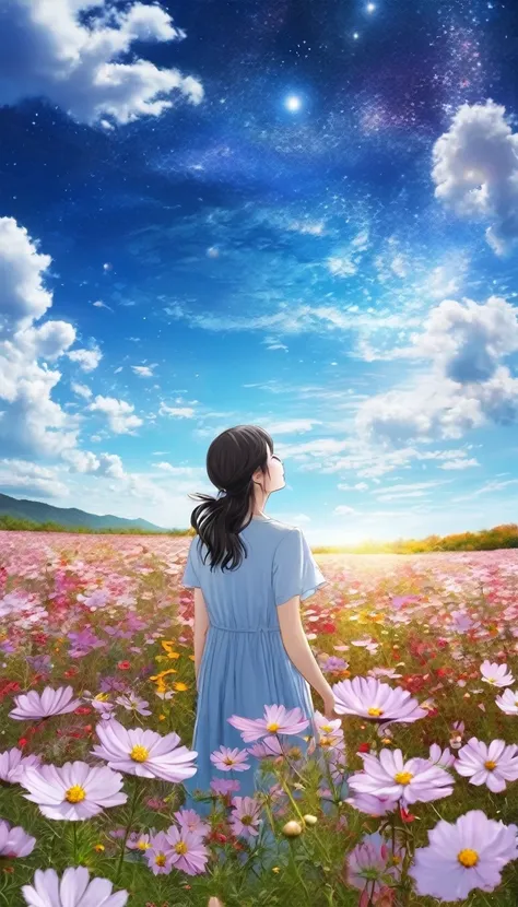 flowers and blue sky、autumn sky and beautiful cosmos、vast cosmic flower field landscape photo、（a view of the sky and the wildern...