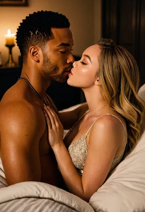 Caucasian actress Sydney Sweeney and a handsome African American male whose facial features are a combo of Christian Keyes + Algee Smith + Justice Smith share a steamy kiss inside a bedroom lit only by candlelight. Sydney has lovely makeup on her face. Nig...