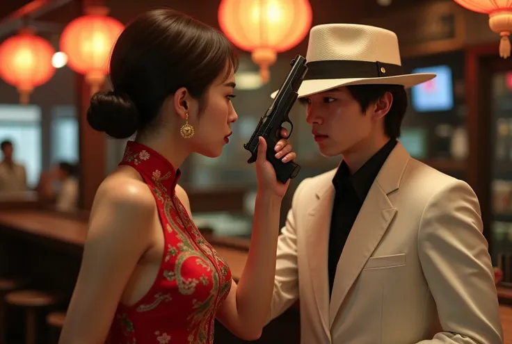 Browsing Caution:-2, above the knee shot:1.21, from side:1.21, Realistic Photography, Sharp focus, Spectacular realism, A woman holding a pistol in one hand:1.37, (((A female spy is pointing a pistol at the forehead of a man in a white suit and hat))), (Sh...