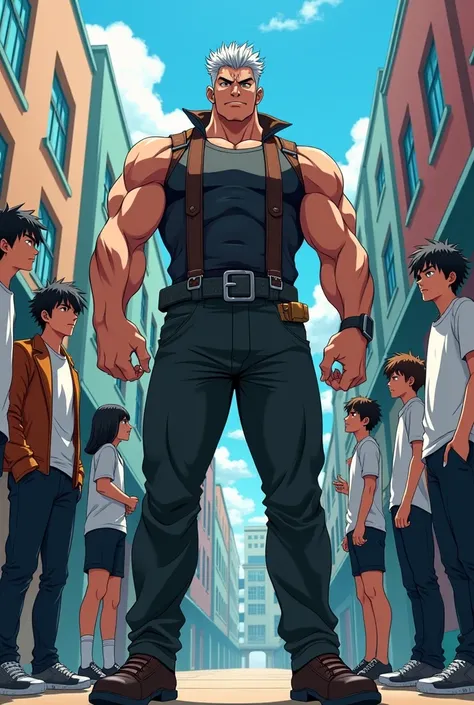 Tall and extremely muscular young man, gray haired wearing a bad boy style outfit, being an instructor at a teenage school, anime styling.