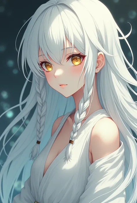 Best Quality, masterpiece,White hair, golden eyes,White clothes, seeking out, upper body],strand of hair,White skin,Side braids and add asian anime style