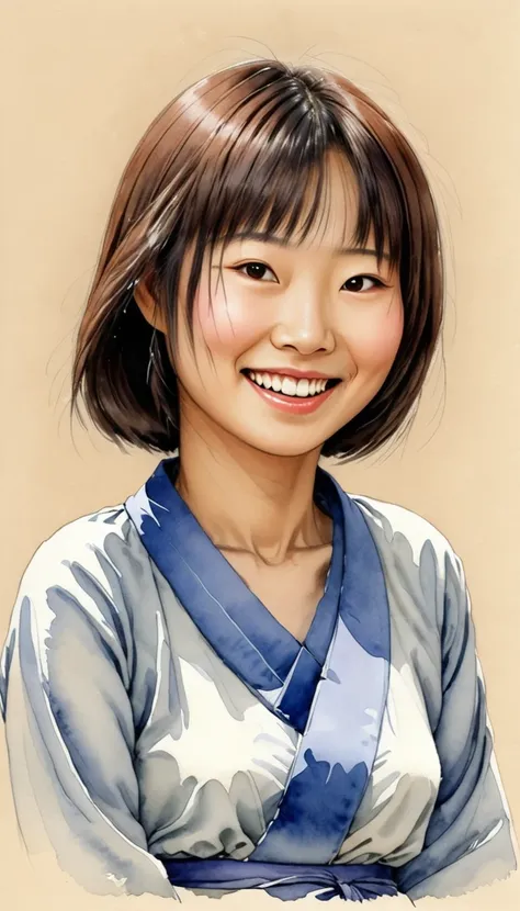 watercolor sketch of a 28 years japanese woman, happy, smile, illustration by jean-pierre gibrat ,kodew