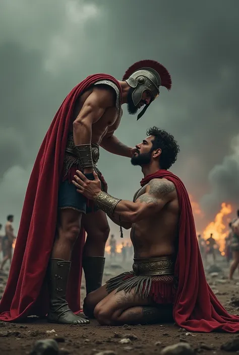 Make Ares the god of war being humiliated by the hero Diomedes put a helmet on him but have him on his knees 