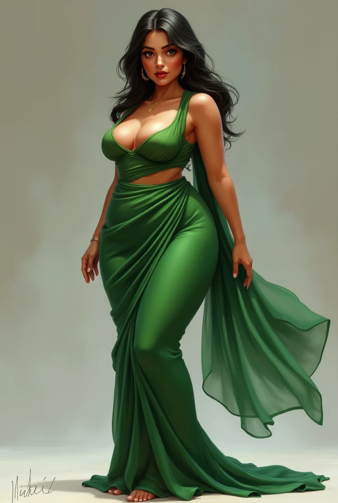 A female cartoon caracter, photo realistic, wearing a green sari,with sexy curvy hot body,big butt and big boobs,lookin on camra with greedy lust looks