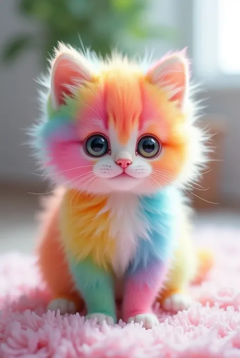 colourfull、Fluffy cat，Baby cat、Extremely cute，，Mofumofu、Mofumofu、Ultimate HD image quality、The ultra -The high-definition、high detailing、Best Quality、Seven colors、Rainbow Color