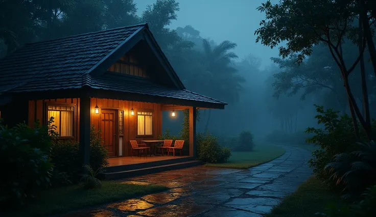 create a cozy big porch, with little flare, in quiet night, after heavy rain, midnight, dark background, tropical forest landscape, cozy foggy atmosphere, cloudy and wet path, sleepy mood, sharp focus, highly detailed, perfect photography, ultra detailed, ...