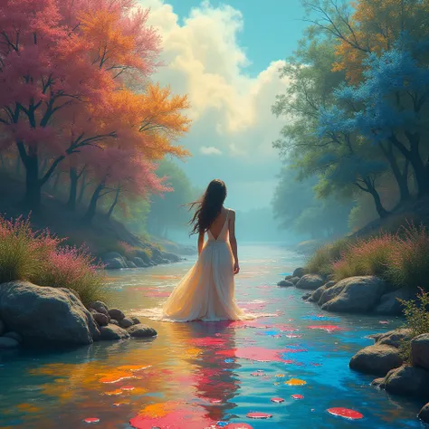 Water is all in Paint Paint is spilling on the water Very beautiful Like a river A girl is standing Looking at the river Very sexy Dress is stained with paint, The hair is also in dye, Trees of Different Colors, Full Picture Of Colorful Paints Clouds, Mult...