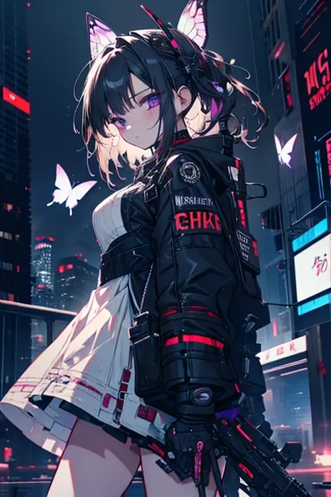 1 girl、Mature、Near future、Cyberpunk、Punk Fashion、Downtown、Night view、cool、Neutral、Tattoo、Armament、battle、Maid clothes、butterfly、High resolution、Highest quality、Super detailed