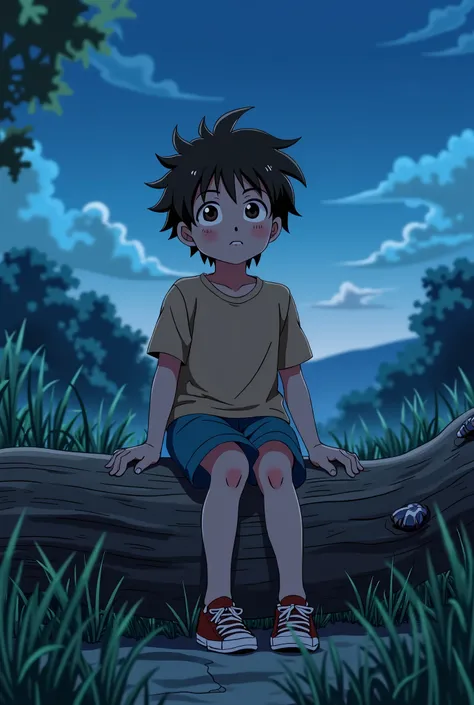 Boy, roughly 10, hair styled neat and curly, Brown hair, brown eyes, huge nose, glasses, a little chubby. Some freckles,  thin lips, broad shoulders, sitting on a log at blue hour, anime style, shonen style, shoujou style , full body, anime style, thick ou...