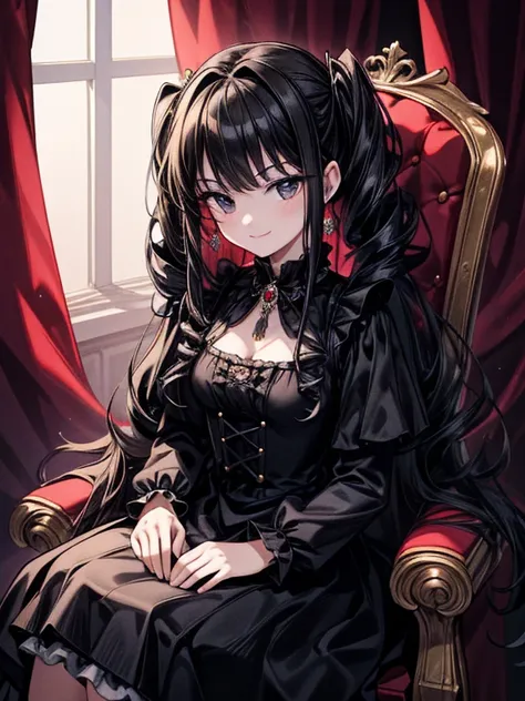 masterpiece, Highest quality, Very detailed, 16K, Ultra-high resolution, Cowboy Shot, Girl, Detailed face, Fearless smile, black eye, Black Hair, very long hair, quad drills, victorian dress, Crimson Dress, Tiara, brooch, Long Skirt, royal palace, Sitting ...