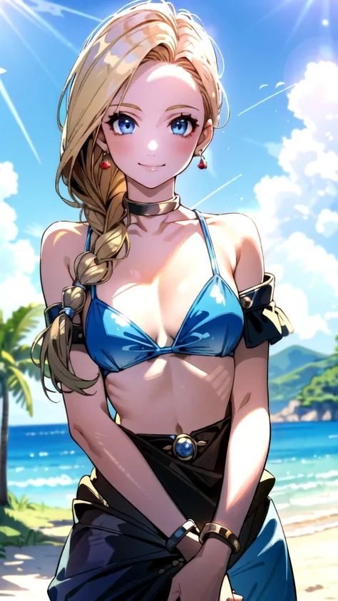 (masterpiece, Highest quality:1.2), 1 Girl, alone, One girl, Bianca, dq5, figure, Anime Style, Long Hair, Blonde, Single Blade, Over the shoulder hair, blue eyes, smile, blue bikini, jewelry, Earrings, choker, bracelet, nature, Outdoor, blue sky