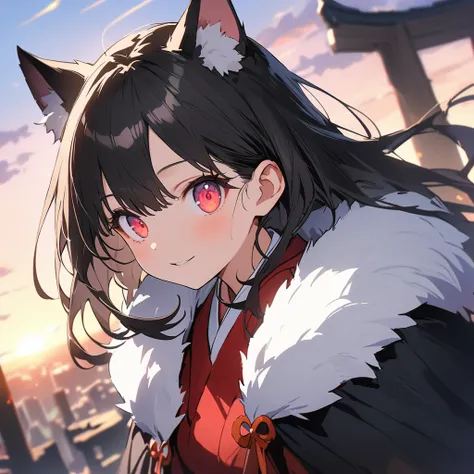 masterpiece, Highest quality, 非常にdetailedな, shape, One Girl, Long black hair, eyes are bright red, Wolf Year, Black Cape, Fluffy collar, sunset、(Highest quality、masterpiece、High resolution、detailed)、animeスタイル、Flat Style、(Shining Eyes、detailed美しい顔),  break、...