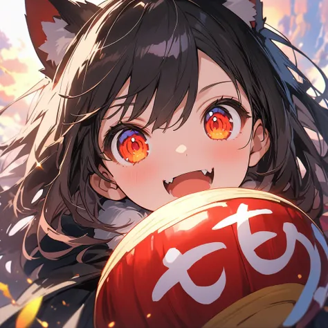 masterpiece, Highest quality, 非常にdetailedな, shape, One Girl, Long black hair, eyes are bright red, Wolf Year, Black Cape, Fluffy collar, sunset、(Highest quality、masterpiece、High resolution、detailed)、animeスタイル、Flat Style、(Shining Eyes、detailed美しい顔),  break、...