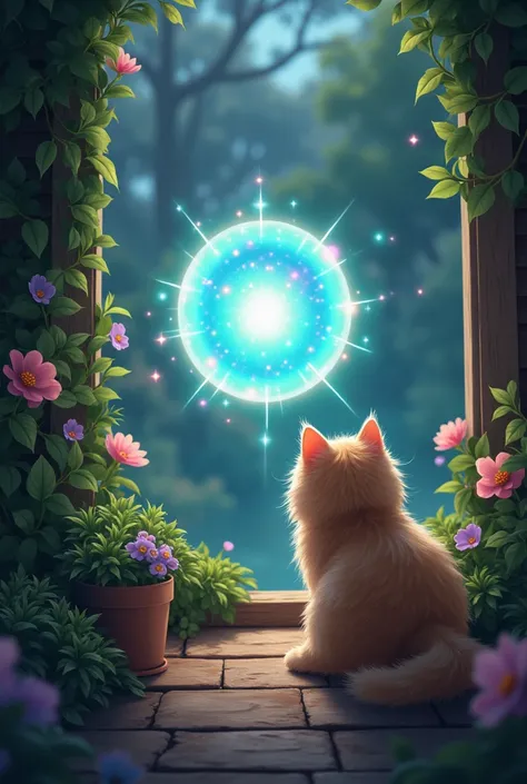 Fluffy peeks out the window and sees a sparkling light in the garden. His curiosity gets the better of him, and he sneaks outside. In the middle of the garden, he finds a magical portal glowing with colorful lights. Without hesitation, Fluffy leaps into it...