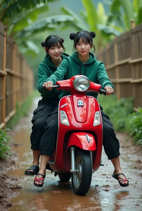 A cinematic medium featuring two beautiful Korean women with smooth white skin and perfectly cared for faces., black hair bun up, bangs wearing a green hoodie. black cargo pants with lots of pockets knee length,sandal, posing with a happy expression, eyes ...