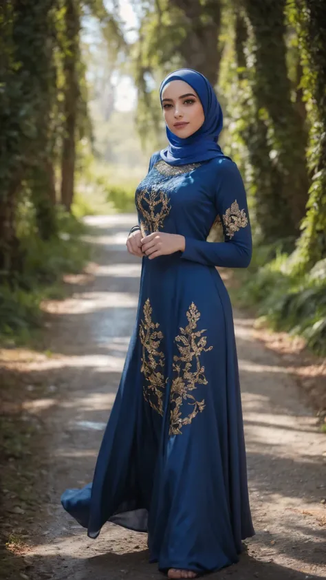 A bewitching 1, hazel eyes aglow, stuns in a Navy Blue long dress, hijab, with intricate embroidery, her tresses cascading like golden silk. As she glides down the aisle, dramatic store lighting illuminates her radiant features. The camera zooms in on ever...