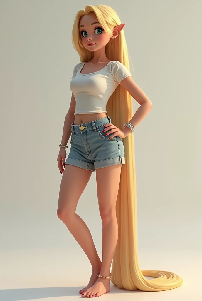 Rapunzel ,wearing short skirt ,with naked feet, standing on a plain , nails are coloured , wearing thin anklet